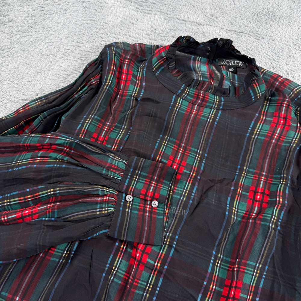 J.Crew Plaid Blouse Womens 3X Black Red Green Excellent Ruffle Neck Puff Sleeve